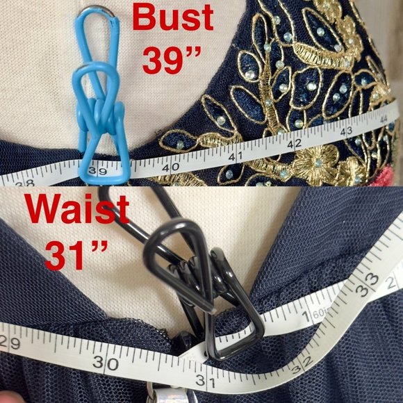 Blondie Nites Navy Gold Embroidered V-Neck V-Back Formal Dress Ball Gown Size 9 - Picture 7 of 16